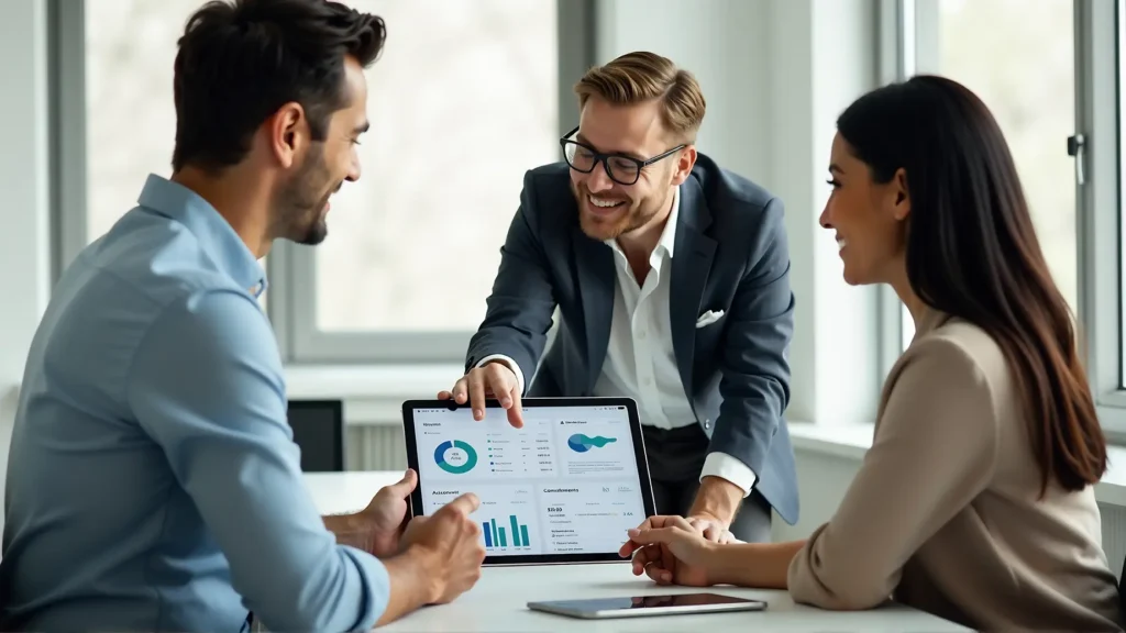 Couple reviewing retirement planning documents with a financial advisor
