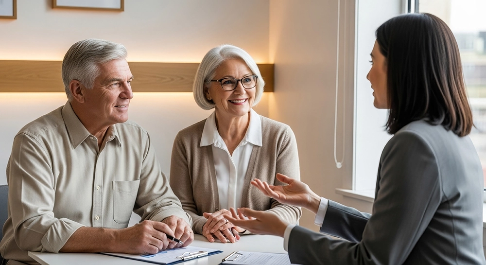 Financial advisor discussing Social Security benefits timing and retirement planning strategy with a client