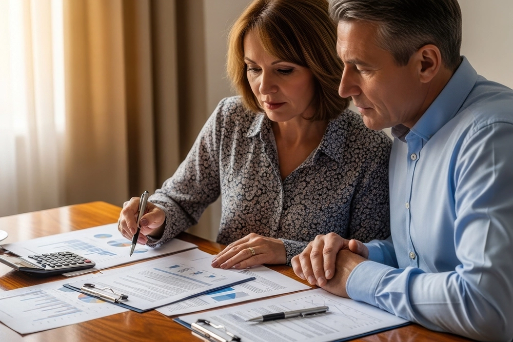 Couple reviewing finances for retirement planning and healthcare costs at home